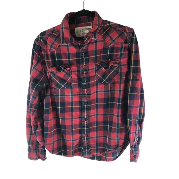 Urban Pipeline Mens Flannel Shirt Button Down Chest Pockets Cotton Plaid Red M - Picture 1 of 4
